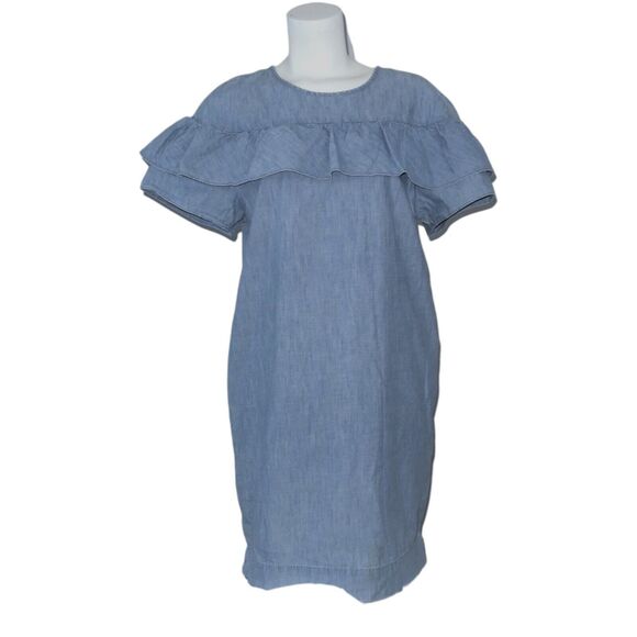J. Crew Sz 12 Chambray Short Sleeve Dress Shoulder Ruffle Preppy Knee Length EUC - Picture 1 of 13